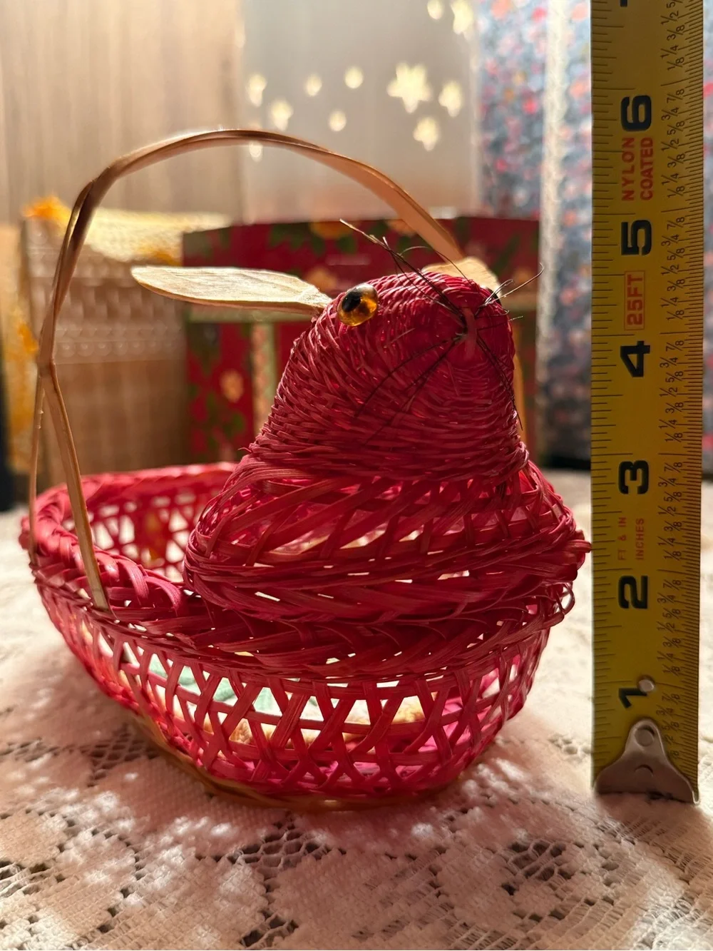 Vintage Wicker Bunny Rabbit Basket Red Wooden Rattan Ears Button Eyes & Whiskers